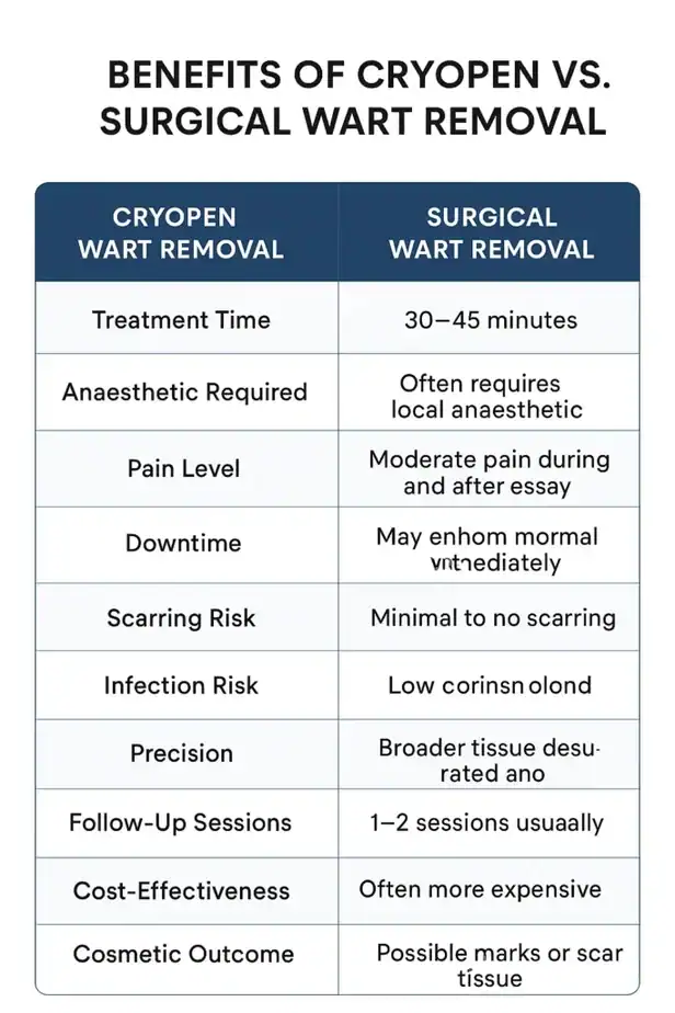 Table showing the benefits of cryopen to remove warts Wakefield compared to surgical treatment